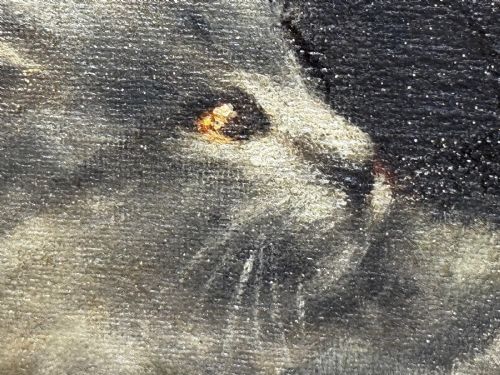 fig 6. An antique framed oil painting depicting five grey and cream Persian kittens positioned around a wicker basket and a floral porcelain teapot.