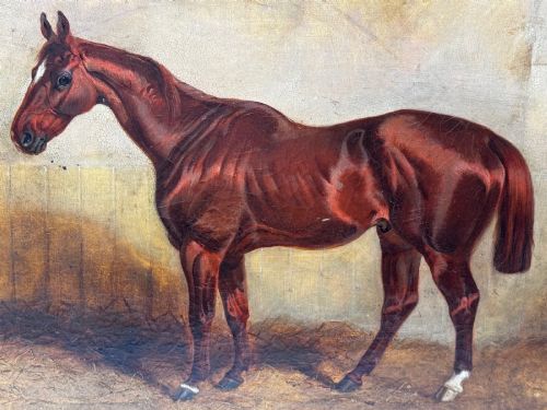 fig 6. An 1843 oil painting depicting a chestnut hunter horse standing in a stable, encased in an ornate gilded carved frame.