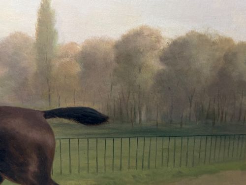 fig 7. A Victorian oil painting depicting a gentleman in formal riding attire atop a brown horse, framed within a wide gold gilded frame.