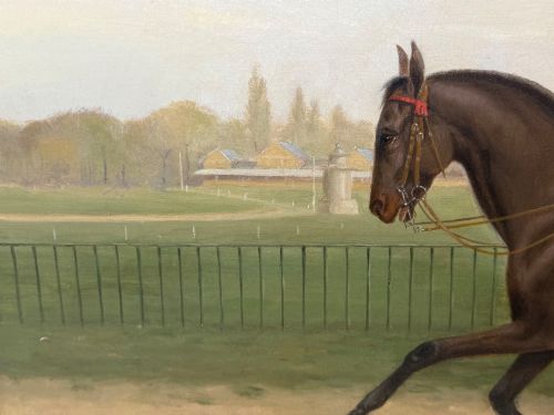 fig 8. A Victorian oil painting depicting a gentleman in formal riding attire atop a brown horse, framed within a wide gold gilded frame.