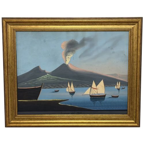 Antique 19th Century Italian Vesuvius Eruption 1844 Gouache Painting