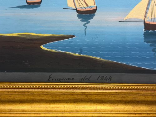 fig 4. A framed 19th-century gouache painting depicting the eruption of Mount Vesuvius over the Bay of Naples with sailboats in the foreground.