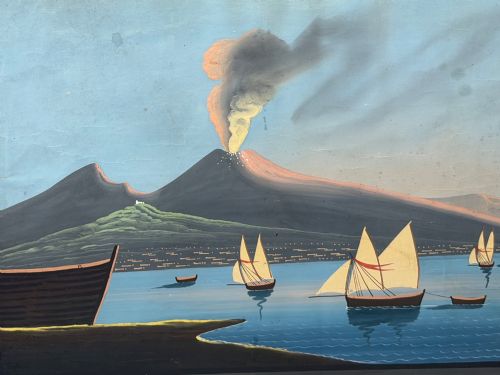 fig 5. A framed 19th-century gouache painting depicting the eruption of Mount Vesuvius over the Bay of Naples with sailboats in the foreground.