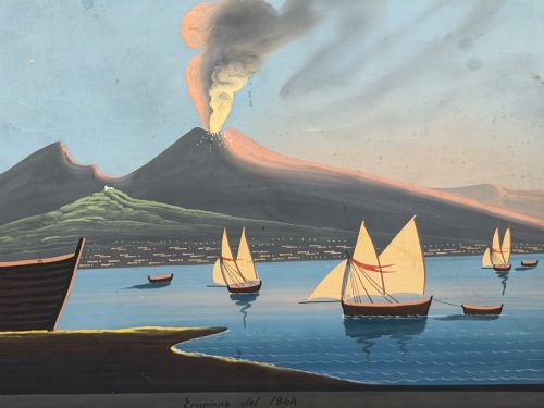 fig 6. A framed 19th-century gouache painting depicting the eruption of Mount Vesuvius over the Bay of Naples with sailboats in the foreground.