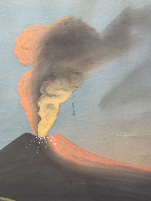 fig 9. A framed 19th-century gouache painting depicting the eruption of Mount Vesuvius over the Bay of Naples with sailboats in the foreground.