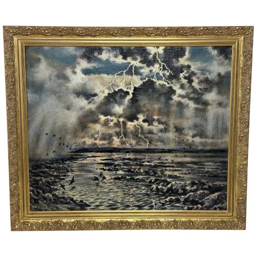 Welsh Coastal Lightning Storm Foryd Bay Oil Painting by Moss Williams