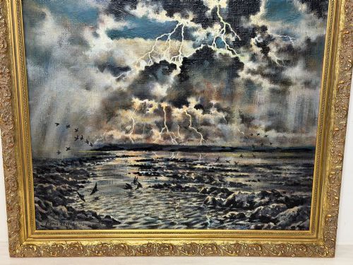 fig 3. A framed oil painting depicting a lightning storm over a rocky coastal bay with birds flying near the water surface.
