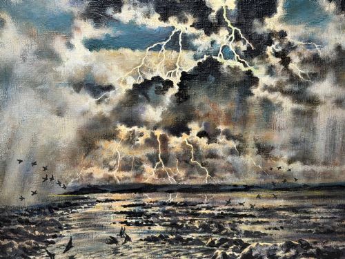 fig 4. A framed oil painting depicting a lightning storm over a rocky coastal bay with birds flying near the water surface.