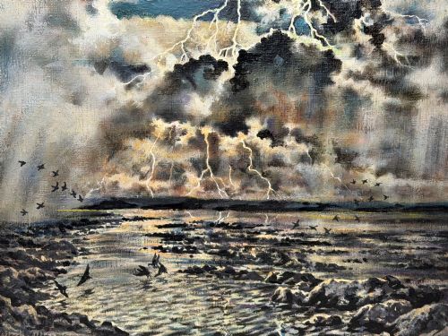 fig 5. A framed oil painting depicting a lightning storm over a rocky coastal bay with birds flying near the water surface.