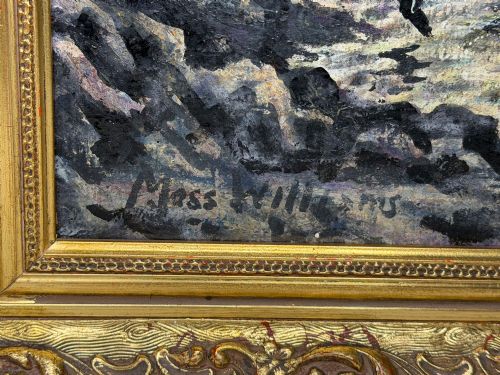 fig 6. A framed oil painting depicting a lightning storm over a rocky coastal bay with birds flying near the water surface.