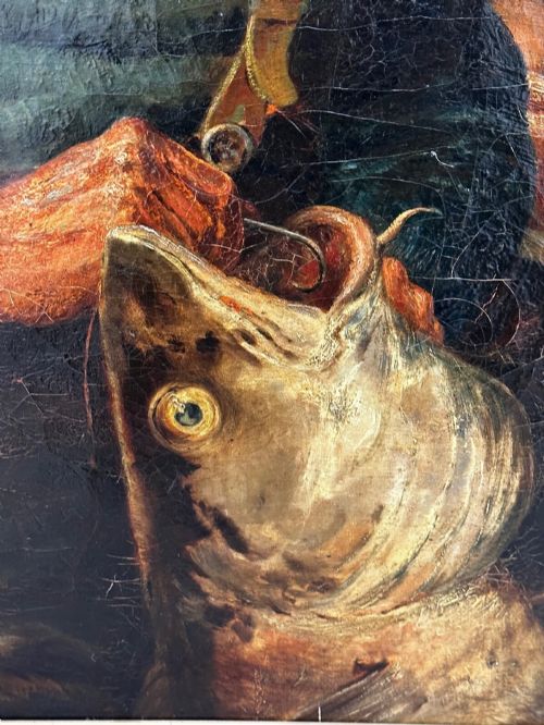fig 11. An antique oil painting depicting a bearded fisherman in a green knitted jumper sitting in a boat with his catch, encased in a dark wooden frame.