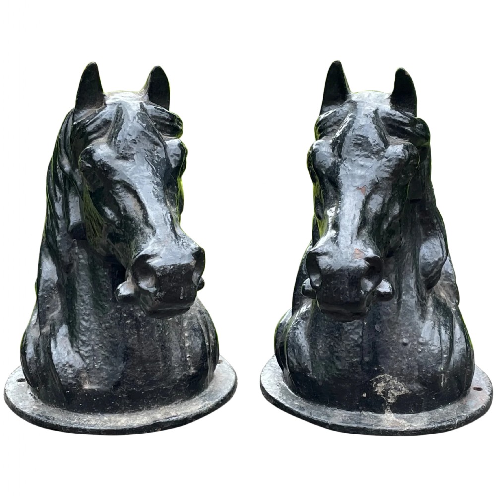 Pair Antique Horse Head Busts Cast Iron Garden Gate Post Top Finials