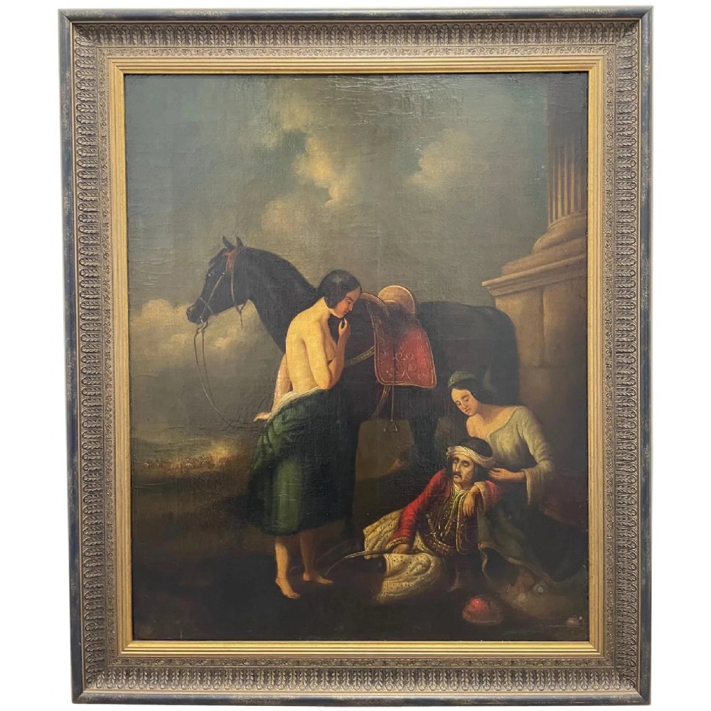 A 19th-century oil painting depicting a wounded figure in traditional costume sitting beside a black horse and two women, housed in a moulded gilt frame.