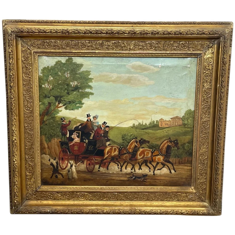 A 19th-century oil painting depicting a Royal Mail coach drawn by four horses in a rural landscape, set within an ornate gilded frame.