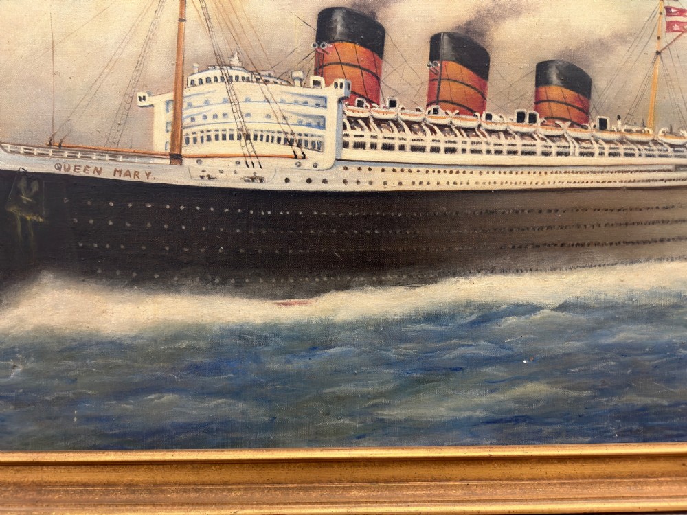 An oil painting depicting the RMS Queen Mary ocean liner sailing across blue waters under a cloudy sky, framed in a moulded gold gilt border. View III