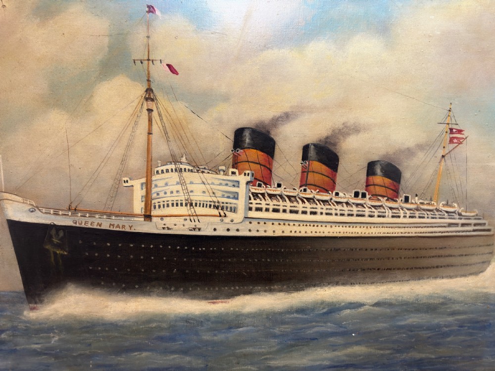 An oil painting depicting the RMS Queen Mary ocean liner sailing across blue waters under a cloudy sky, framed in a moulded gold gilt border. View VI