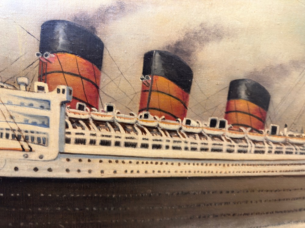 An oil painting depicting the RMS Queen Mary ocean liner sailing across blue waters under a cloudy sky, framed in a moulded gold gilt border. View XVI