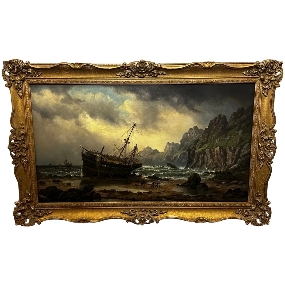 Victorian Oil Painting Cornish Shipwreck Ship Beached By Millson Hunt c1883