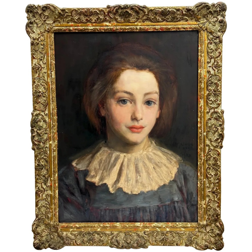 A Victorian portrait painting of a young female wearing a ruffled collar and blue dress, presented in an ornate gilded frame.