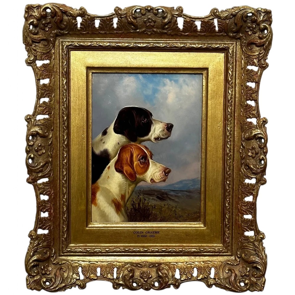 19th Century Hunting 2 Pointer Dogs Oil Painting By Colin Graeme Roe