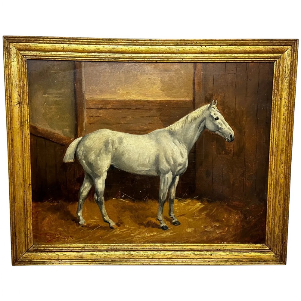  Victorian Equine Grey Horse In Stable by Godfrey Douglas Giles
