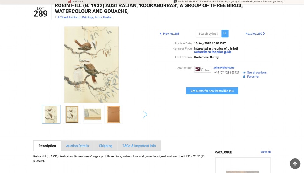 A framed watercolour painting illustrating three kookaburras perched among eucalyptus branches on a beige background within a dark wood frame. View XXXII