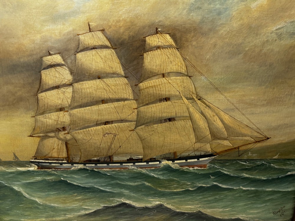 Victorian Oil Painting Taranaki Iron Sailing Ship Near Port Chambers View III