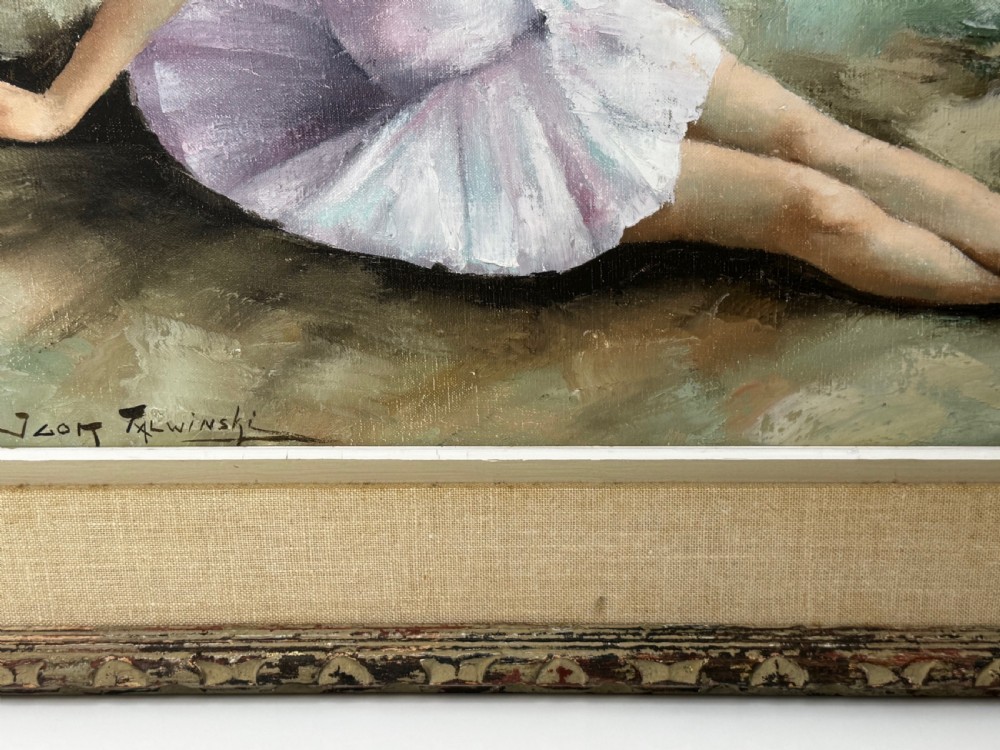 A framed mid-century oil painting depicting a seated ballerina in a white tutu holding a small bouquet of flowers against a textured soft green background. View VII