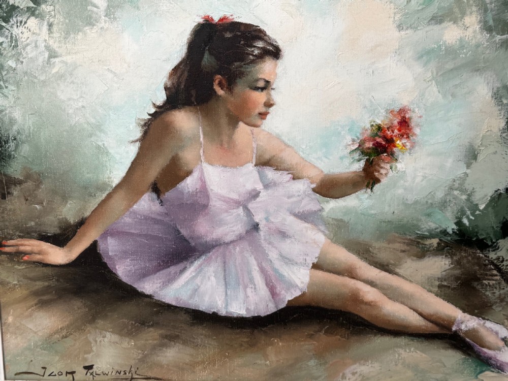 A framed mid-century oil painting depicting a seated ballerina in a white tutu holding a small bouquet of flowers against a textured soft green background. View VIII