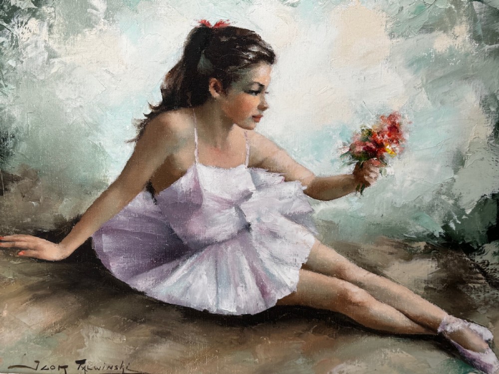 A framed mid-century oil painting depicting a seated ballerina in a white tutu holding a small bouquet of flowers against a textured soft green background. View IX