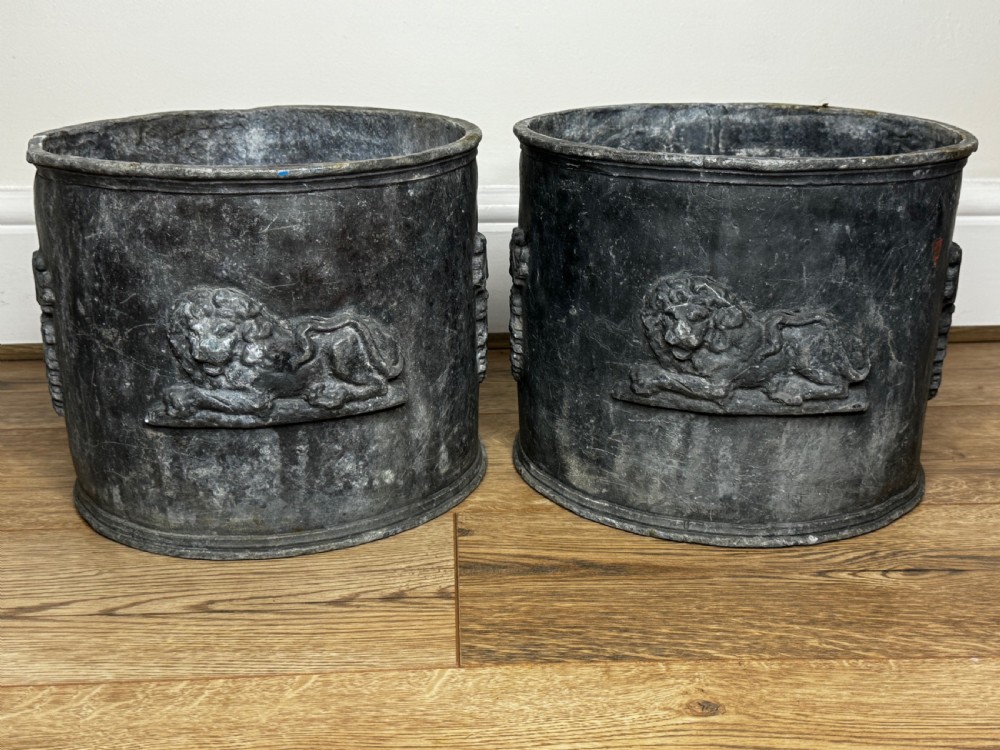 Pair British Georgian Regal Lion Heavy Lead Garden Round Planters View III