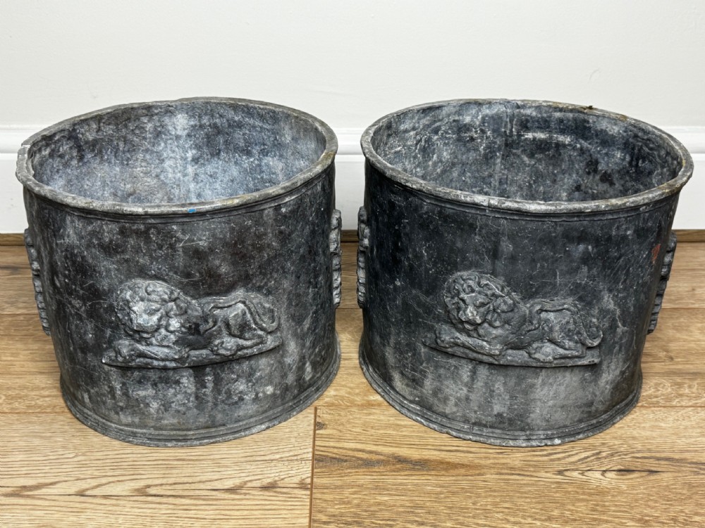 Pair British Georgian Regal Lion Heavy Lead Garden Round Planters View IV
