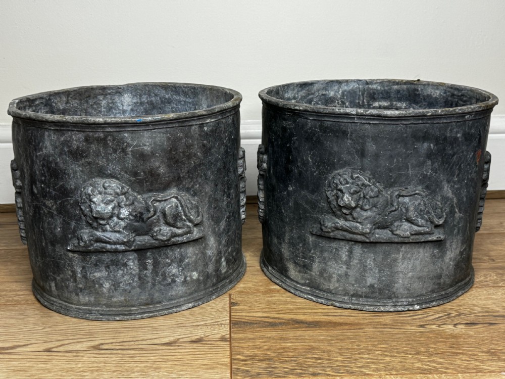 Pair British Georgian Regal Lion Heavy Lead Garden Round Planters View V