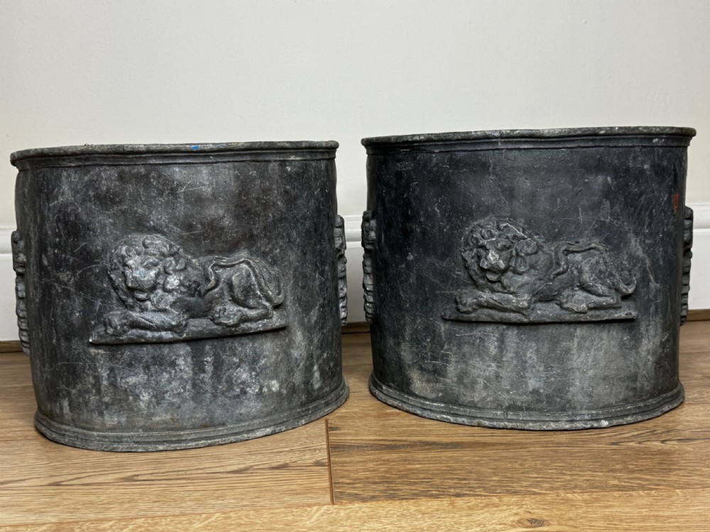 Pair British Georgian Regal Lion Heavy Lead Garden Round Planters View VI