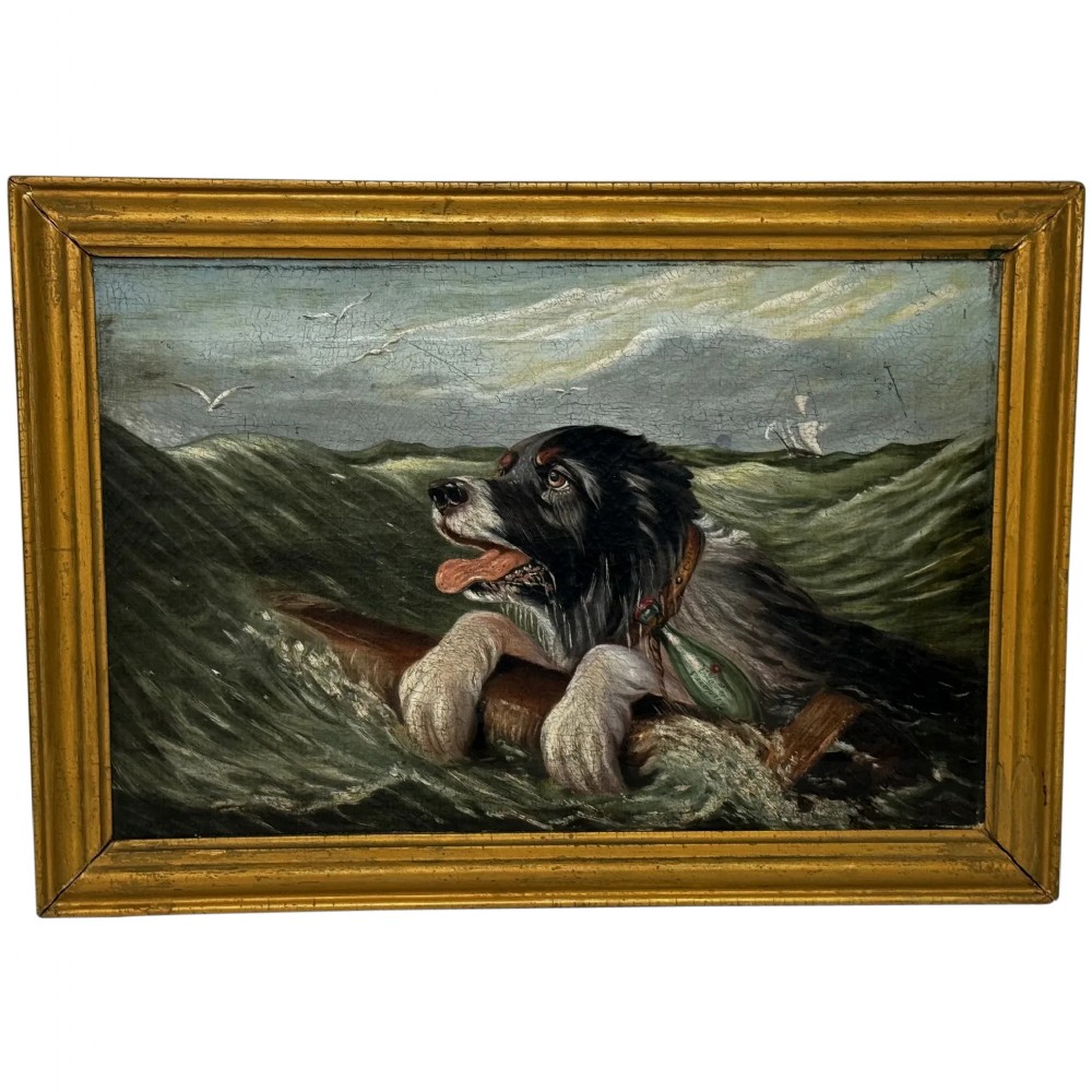 An antique oil painting depicting a Saint Bernard dog swimming in sea waves while clinging to a wooden spar, set within a gilded wooden frame.