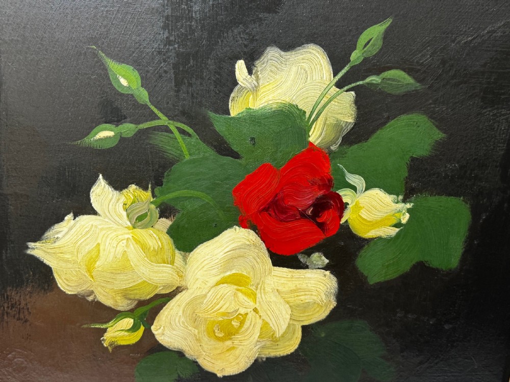 A Victorian floral oil painting depicting yellow and red roses against a dark background, set within a heavy, ornate gold gilded frame. View XVI