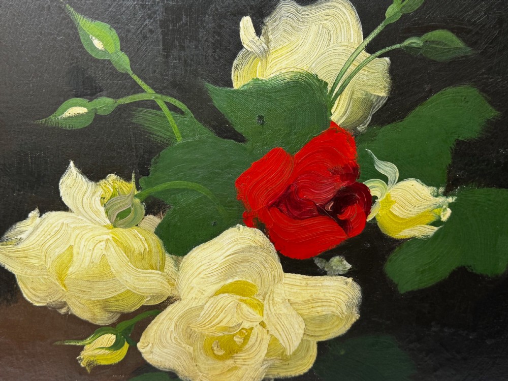 A Victorian floral oil painting depicting yellow and red roses against a dark background, set within a heavy, ornate gold gilded frame. View XVII