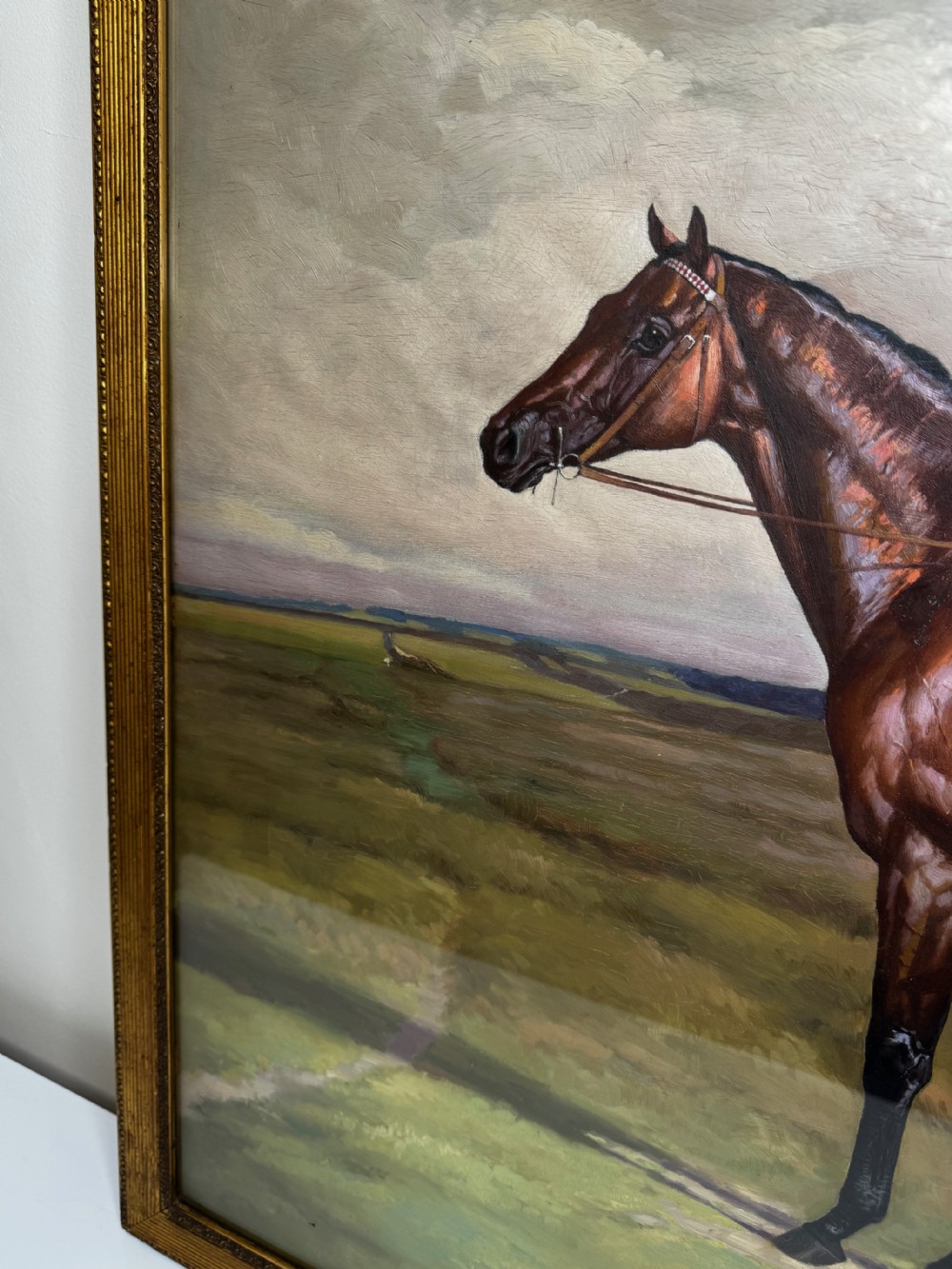 A nineteenth-century oil painting depicting a brown thoroughbred horse with a jockey in white and red silks, framed in a ribbed gold-leaf frame. View XVII
