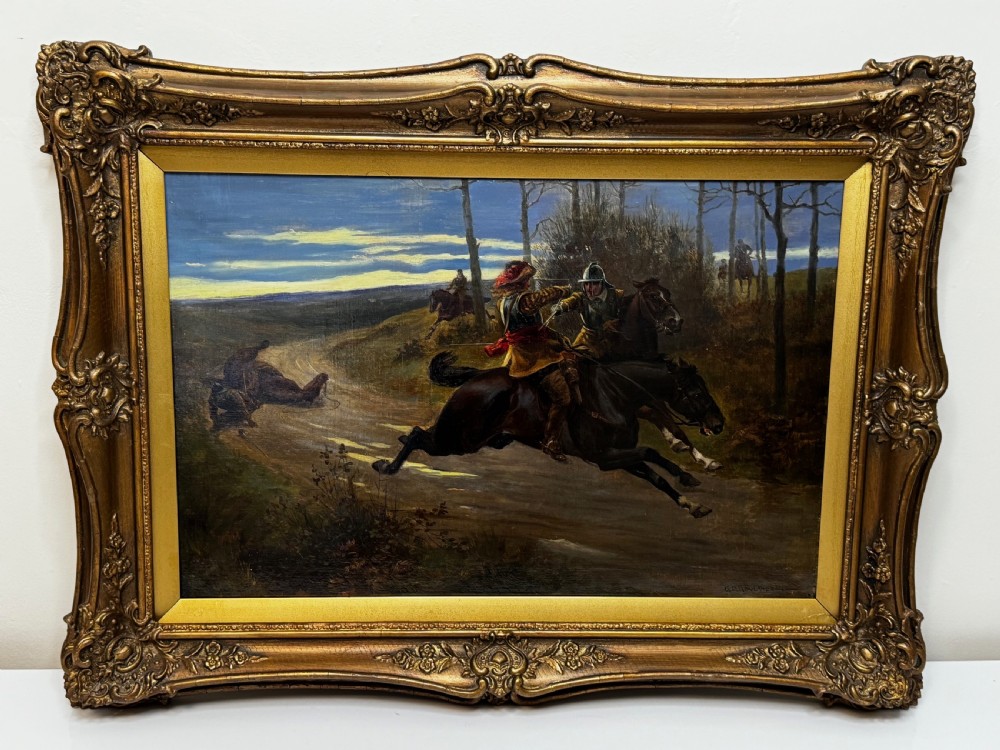 An antique Victorian oil painting featuring a horse chase scene encased within an ornate gilt frame. View II