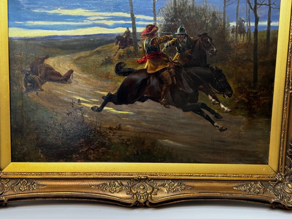 An antique Victorian oil painting featuring a horse chase scene encased within an ornate gilt frame. View III