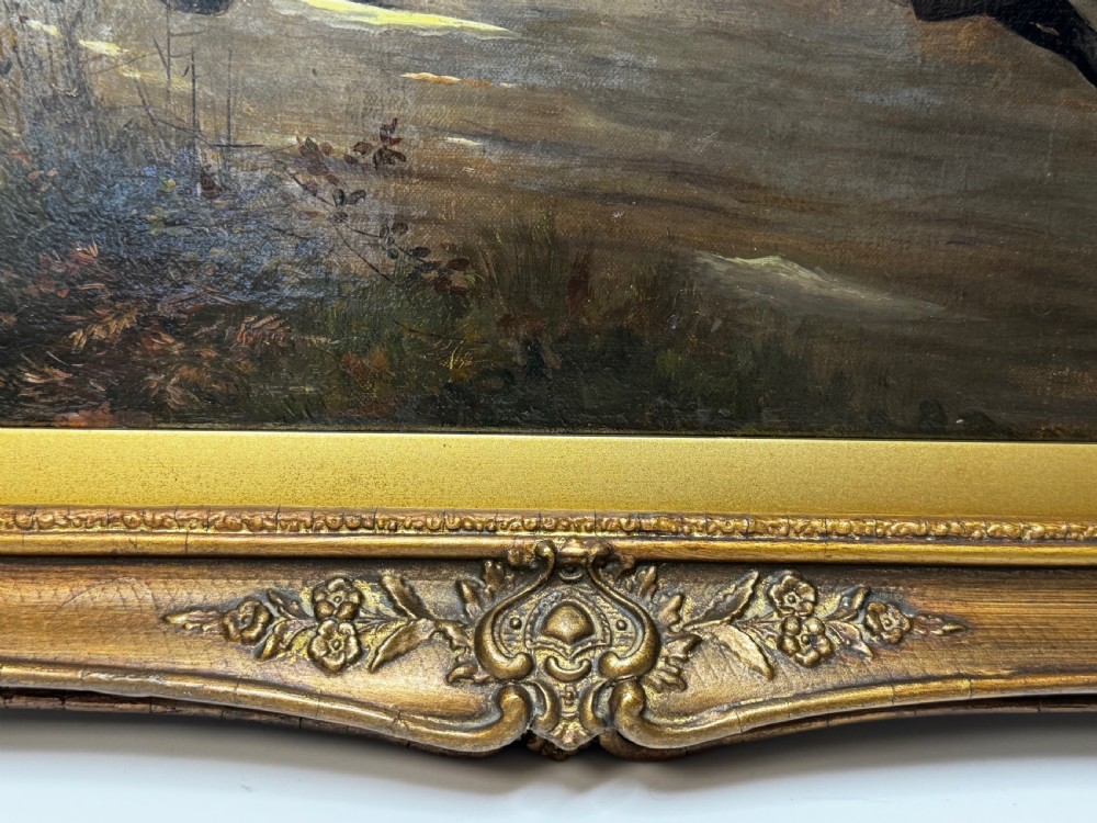 An antique Victorian oil painting featuring a horse chase scene encased within an ornate gilt frame. View VI