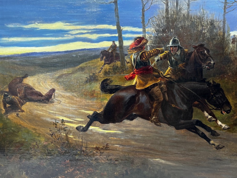 An antique Victorian oil painting featuring a horse chase scene encased within an ornate gilt frame. View VIII