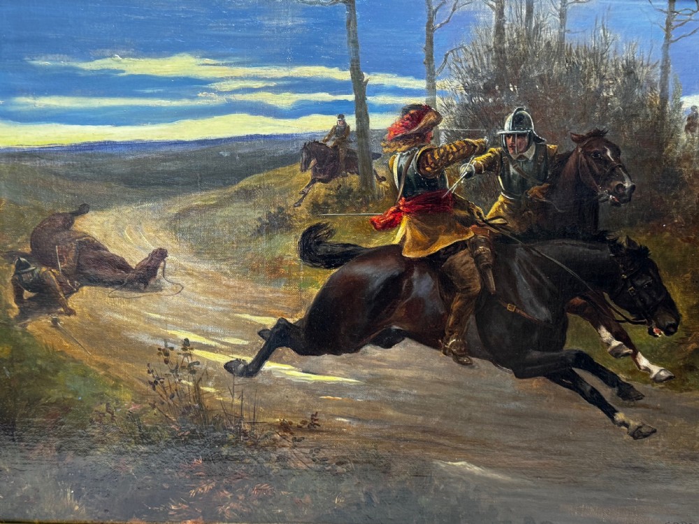 An antique Victorian oil painting featuring a horse chase scene encased within an ornate gilt frame. View IX