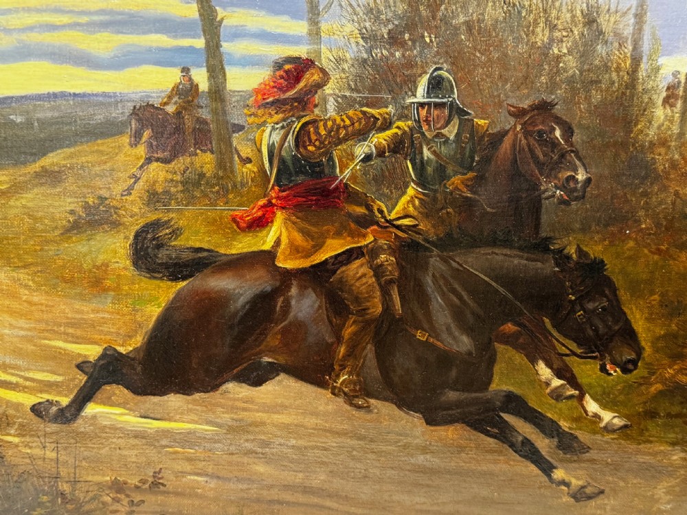 An antique Victorian oil painting featuring a horse chase scene encased within an ornate gilt frame. View X