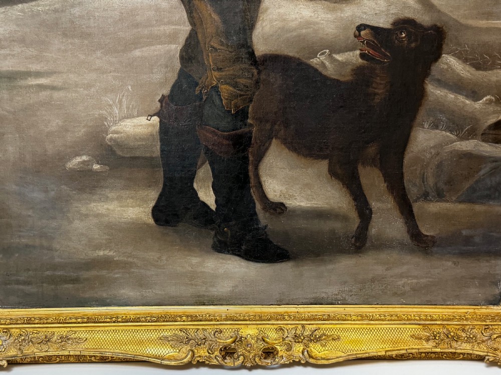 Large Oil Painting Victorian Pipe Smoker Woodcutter Dog  View III