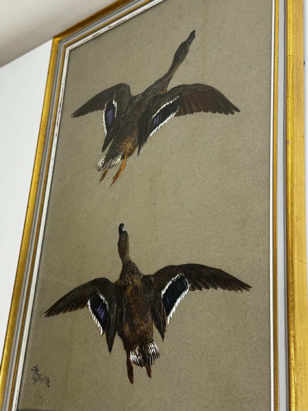 A vertical framed Victorian oil painting by Thomas Blinks depicting two mallard ducks flying upward against a plain grey background. View XXIX