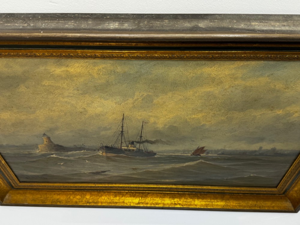 An antique framed oil painting depicting a steam pilot boat navigating choppy grey waters near a lighthouse under an overcast sky. View III