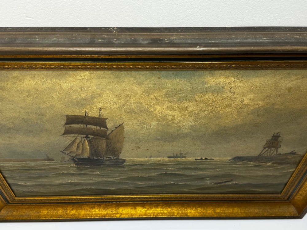 Oil Painting On Tyne Groyne Herd Lighthouse By John Davison Liddell View IV