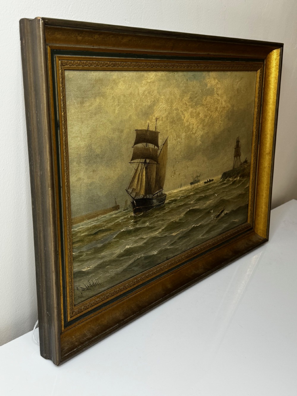Oil Painting On Tyne Groyne Herd Lighthouse By John Davison Liddell View XXVIII