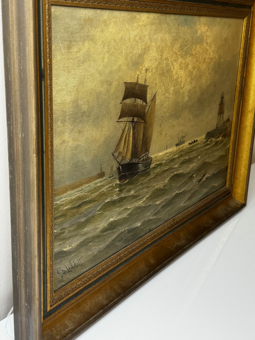 Oil Painting On Tyne Groyne Herd Lighthouse By John Davison Liddell View XXIX